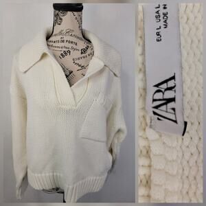 ZARA Thick Knit Polo Sweater Sz L Semi Crop Pocket Cream Boyfriend Fit Cottage